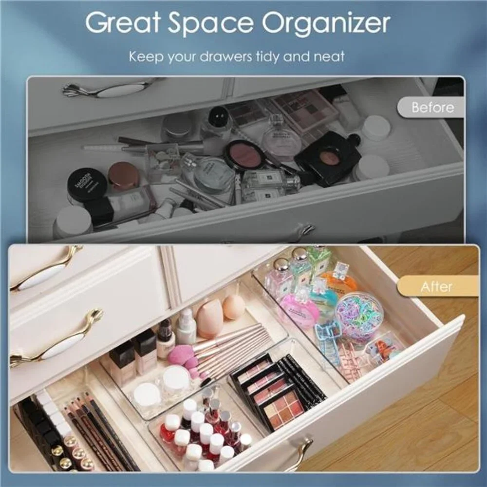 Clear drawer organizer set large plastic storage bins bathroom kitchen desk tray